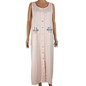 Sleeveless Dress Vintage Sundress Button Front Embroidered Square Pockets Pink M